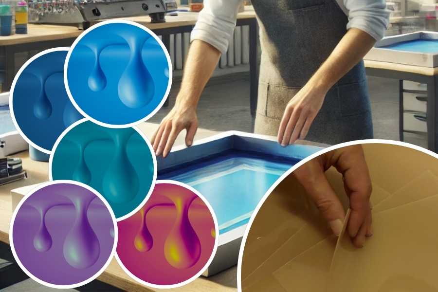 Arte com alguns tipos de emulsão para serigrafia em alto-relevo em primeiro plano e ao fundo uma pessoa preparando uma tela para impressão