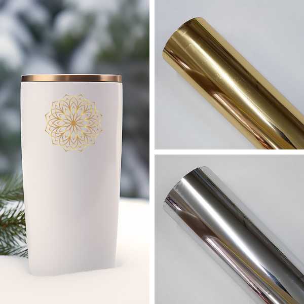 recorte de imagem onde mostra um exemplo do uso da fita hot stamping para plastico e um rolo prateado