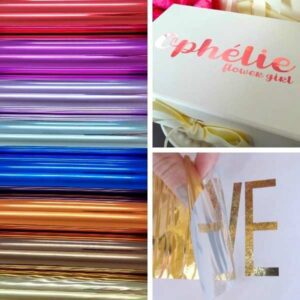 arte com imagem com vários rolos de foil laser de diversas cores e dois exemplos de aplicação de foil laser