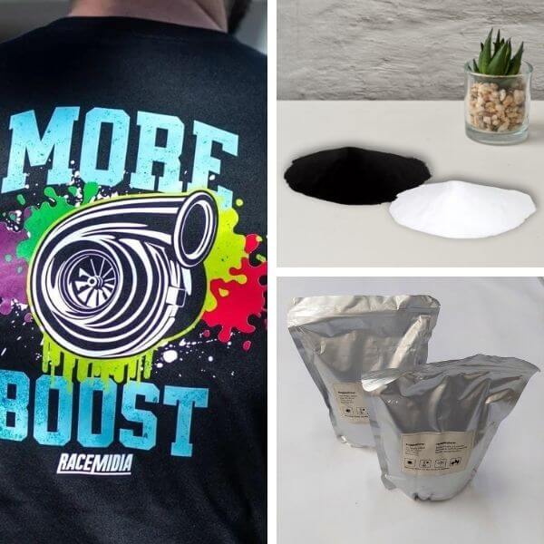 imagem do pó TPU para DTF branco e do pó TPU para DTF preto, dois pacotes de Pó para DTF e arte criada com pó TPU para DTF aplicada em camiseta.